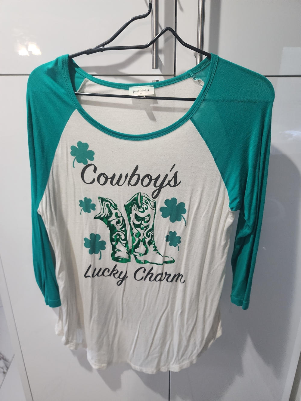 Free Kisses Teal and White "Cowboy's Lucky Charm" Raglan Top